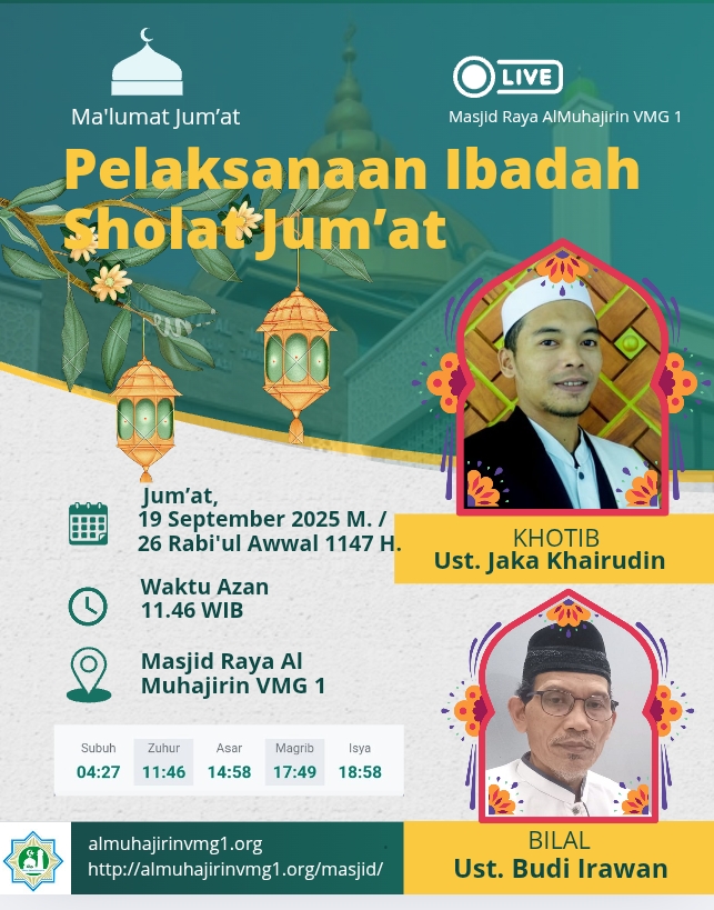Informasi Khotib/Imam Sholat Jumat 19 Sept 2025. Masjid Raya Almuhajirin